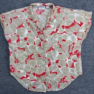 Vintage Golden Wings Shirt Mens 42 Large Tan Red Hawaiian Aloha Floral 80s